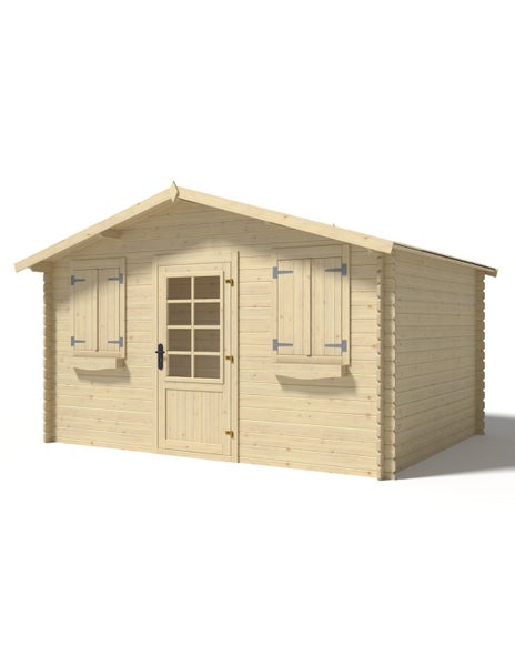 Gartenhaus aus Holz mit Satteldach, Tür mit Fenstereinsatz und zwei Fenstern mit Fensterläden.