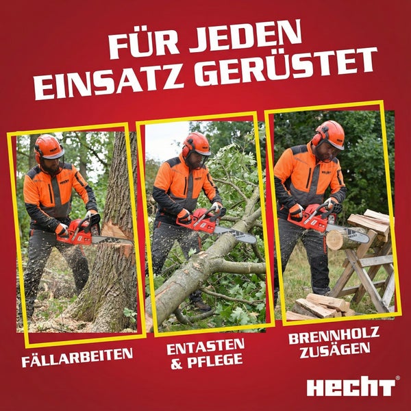 Hecht Kettensäge im Einsatz für Baumfällarbeiten, Entastung und Brennholz zusägen