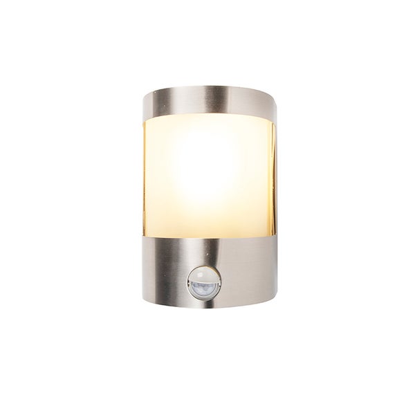 Zylindrische Außenwandleuchte aus Edelstahl mit Bewegungsmelder und beleuchtetem Kunststoffglas.