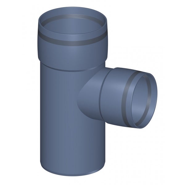 Abzweig für Hochtemperatur-Abflussrohre aus grauem Kunststoff, 90 Grad, mit zwei Muffen und Dichtungsringen.