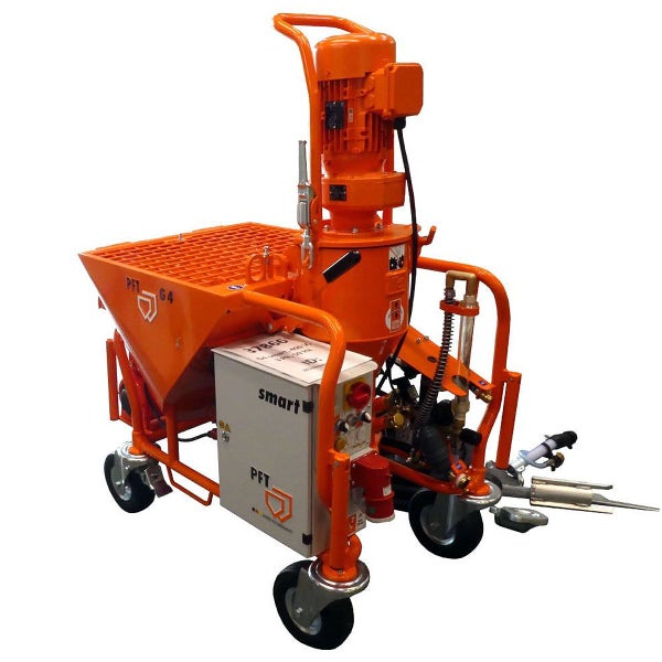 PFT G4 Smart Mischpumpe für Mörtel und Putz in Orange mit Elektromotor und Rollen.