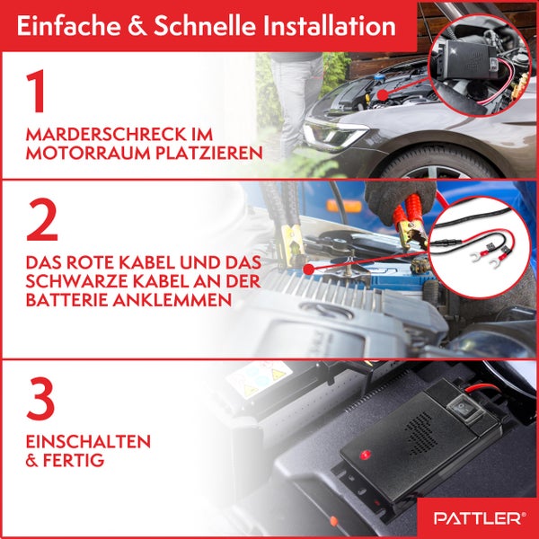 PATTLER® Marderschreck Auto Anschluss an 12V Autobatterie | Effektive Marderabwehr für Auto - mit Ultraschall | Sofortiger & Langfristiger Marderschutz für Auto im Motorraum
