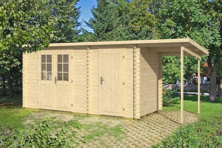 Alpholz Gartenhaus Gloria-H mit Schleppdach Gartenhaus aus Holz, Holzhaus mit 28 mm Wandstärke inklusive Schleppdach, Blockbohlenhaus, Naturbelassen 4,5x2,9m