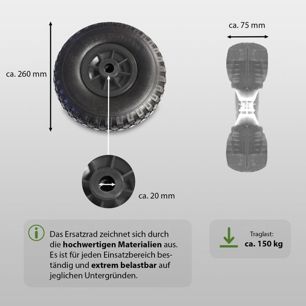 Ersatzrad mit den Maßen circa 260 mm Höhe und circa 75 mm Breite, Traglast circa 150 Kilogramm