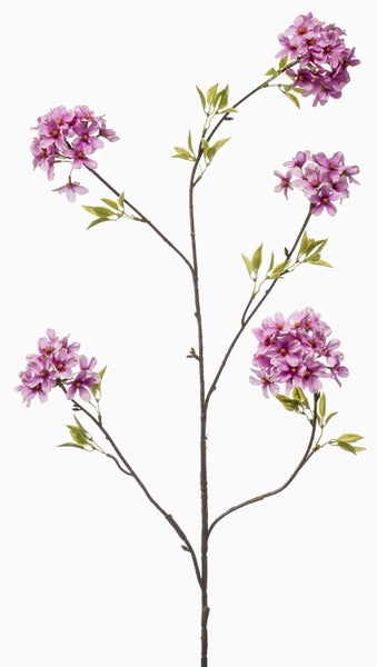 Künstlicher Kirschblütenzweig mit rosa Blüten und grünen Blättern.