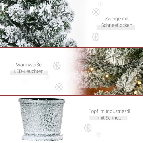 Künstlicher Weihnachtsbaum im Topf mit warmweißen LED Leuchten und künstlichem Schnee auf Zweigen und Topf im Industriestil.