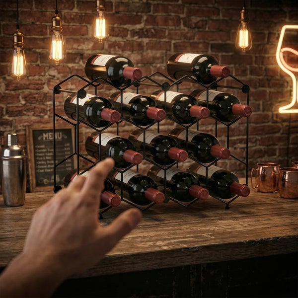Weinregal aus schwarzem Metall auf einer Holztheke in einem rustikalen Barbereich mit Ziegelwand und dekorativen Glühbirnen.