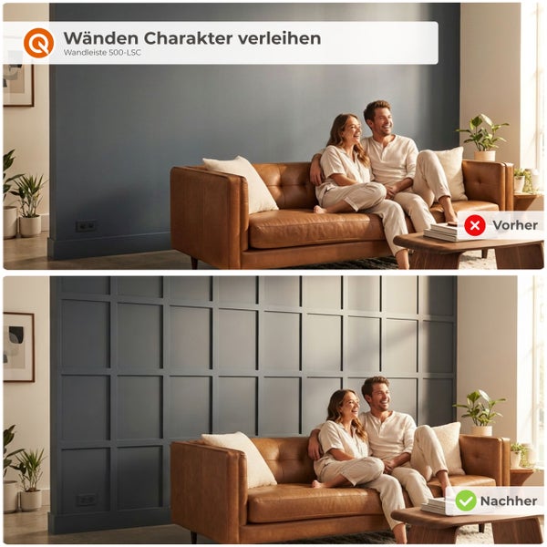 Ein Paar sitzt auf einem Sofa vor einer Wand, die mit Wandleisten im Kassettenstil gestaltet wurde, im direkten Vergleich zu einer glatten Wand.