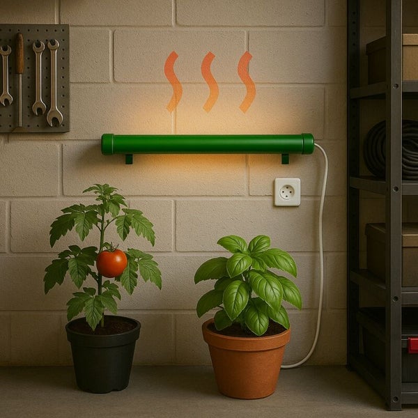 Pflanzenlampe mit Tomaten- und Basilikumpflanze in Töpfen an einer Ziegelwand