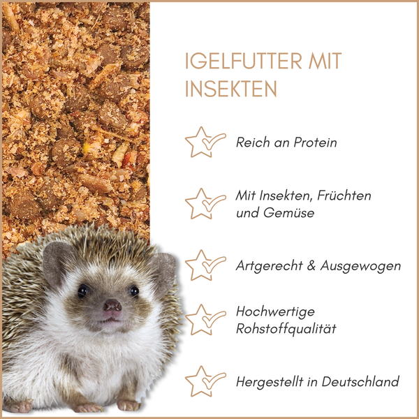 Igelfutter mit Insekten. Reich an Protein, mit Früchten und Gemüse, artgerecht und ausgewogen, hochwertige Qualität, hergestellt in Deutschland.