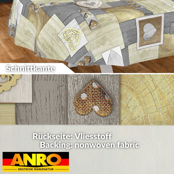 Wachstuchtischdecke mit Holzoptik und Herz-Motiven, zeigt Schnittkante und Rückseite aus Vliesstoff, ANRO Logo.