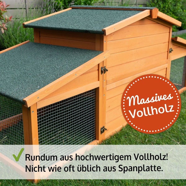 Kleintierstall aus hochwertigem massiven Vollholz mit Drahtgitter und wetterfestem Dach.