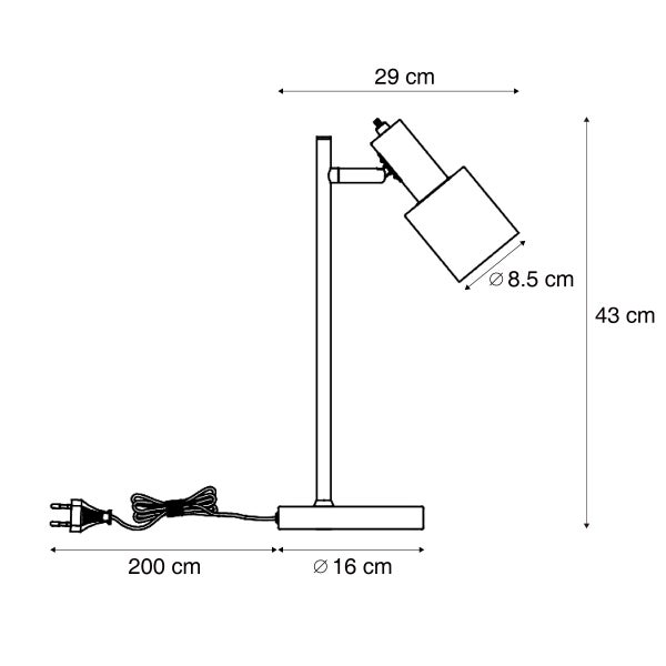 Maßskizze einer Tischleuchte: Höhe 43 Zentimeter, Breite 29 Zentimeter, Fuß Durchmesser 16 Zentimeter, Schirm 8,5 Zentimeter, Kabel 200 Zentimeter.