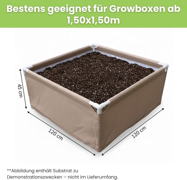 Growbox mit Erdreich, Maße 120 mal 120 mal 45 Zentimeter