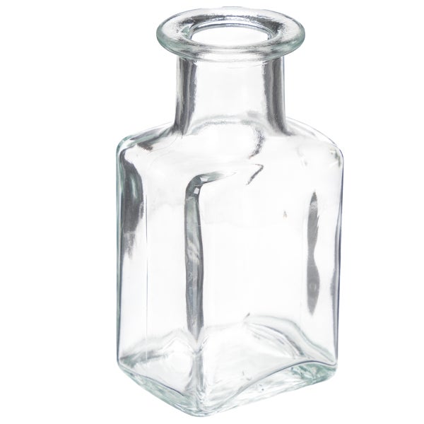 Transparente Glasflasche, Höhe 11 Zentimeter und 4,3 Zoll, Halsbreite 2 Zentimeter und 0,8 Zoll.