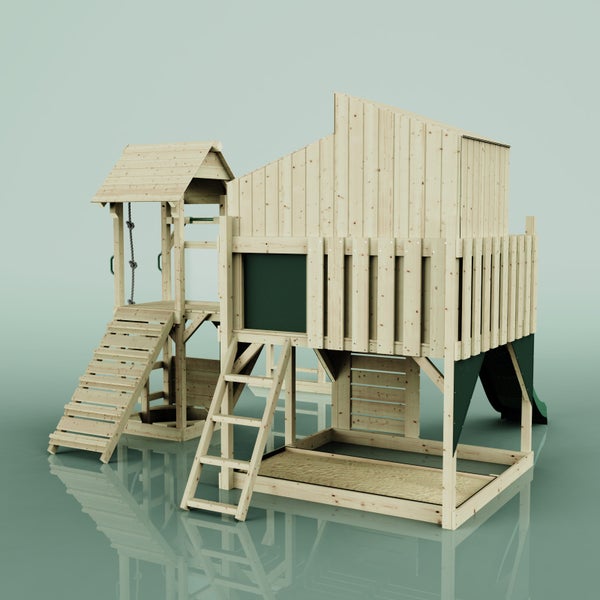 Spielanlage aus Holz mit Rutsche, Leiter, Treppe und Sandkasten