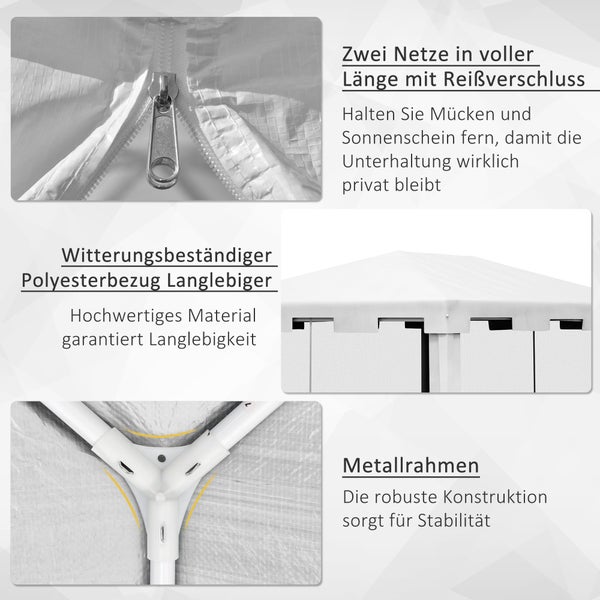 Detailansichten eines Pavillons: Reißverschluss, Polyesterbezug, Metallrahmen