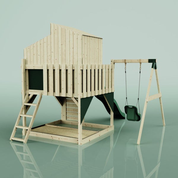 Spielturm mit Rutsche, Schaukel und Sandkasten aus Holz