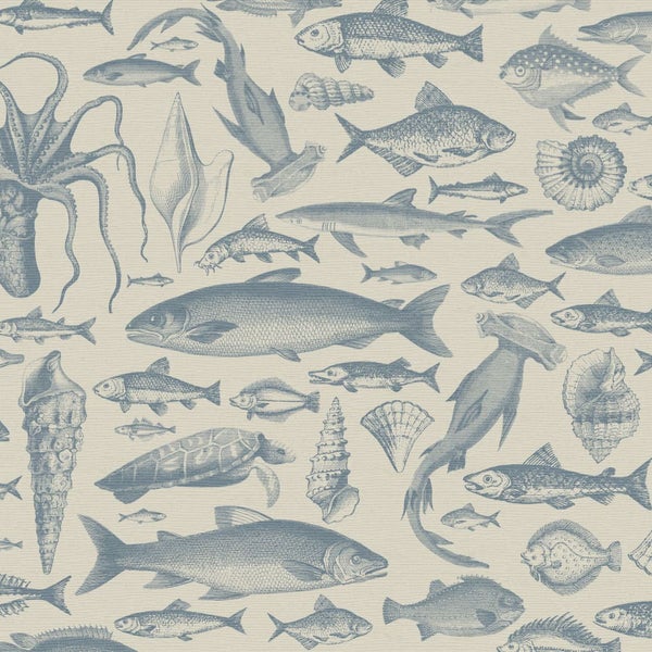 Tapete mit Fisch-, Muschel- und Tintenfischmotiven