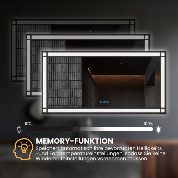 Rechteckiger LED Badezimmerspiegel mit Memory Funktion zur Speicherung der Helligkeit und Dimmfunktion von 10 bis 100 Prozent