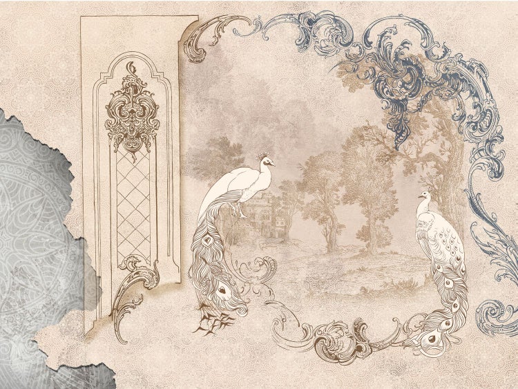 Dekorative Wandtapete mit Pfauen und ornamentalen Verzierungen für Wohnräume.