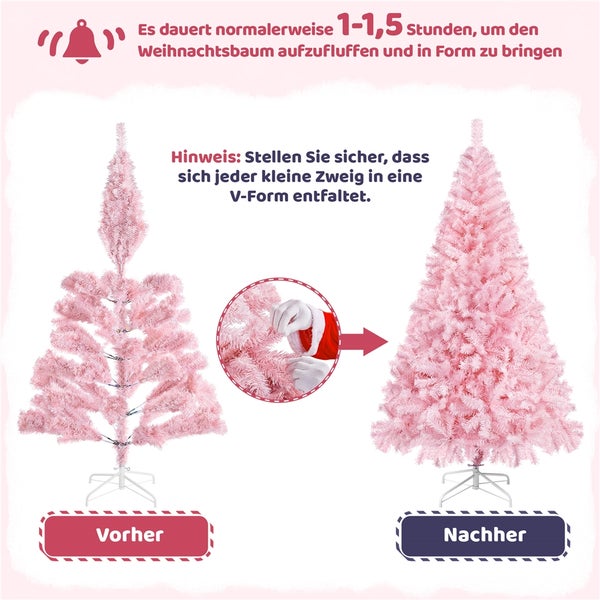 Anleitung zum Aufstellen eines rosa Weihnachtsbaums mit Vorher-Nachher-Vergleich