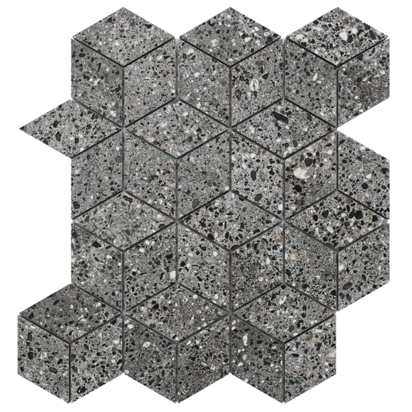 Mosaikfliesen in Steinoptik mit dreidimensionalem Effekt durch Rautenform, Terrazzo-Muster in Dunkelgrau und Schwarz.