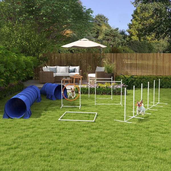PawHut Hunde Agility Set, 7er-Set Hundetraining mit Höhenverstellbaren Agilityhürden, Flechtstangen, Pausenbox, Tunnel, Sprungring, Steckhürdenset inklusive Pfeife, Tragetasche