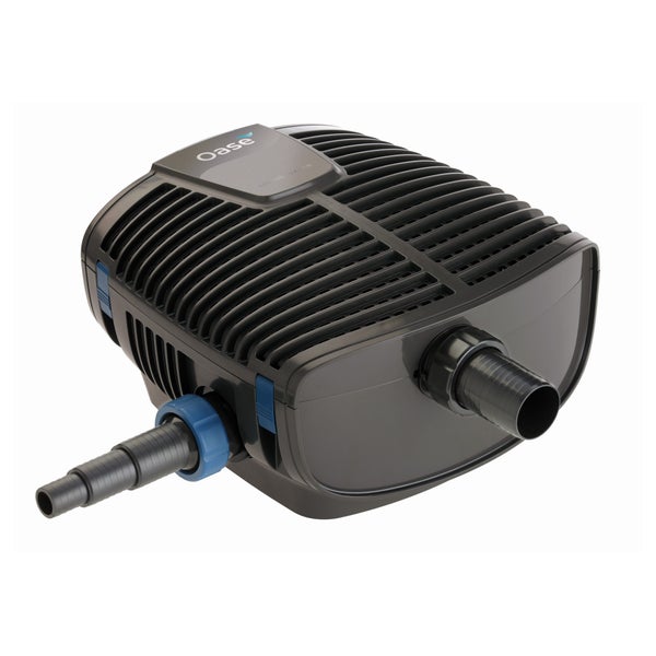 Oase Teichpumpe aus schwarzem Kunststoff mit zwei Schlauchanschlüssen für Filteranlagen und Bachläufe.