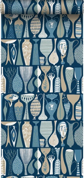 Borastapeter Tapete Vasen und Töpfen Blau - 53 cm x 10.05 m - 660688