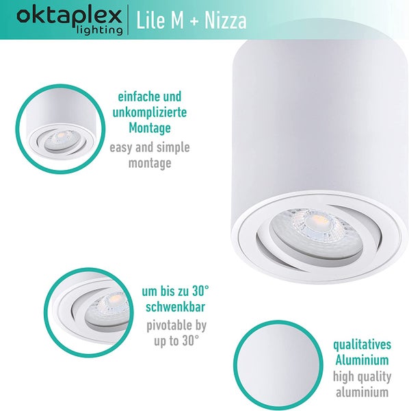 Aufbaustrahler Lile M Weiß 3 Stück LED Modul 4,8W 2700K Warmweiß 380Lumen Aluminium Schwenkbar 110° Breitsrahlend Aufputz