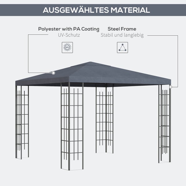 Outsunny Pavillon, Gartenpavillon, 2,95 x 2,95 m Pavillon, 2,95L x 2,95B x 2,55H m, Stahl,Polyester, Grau