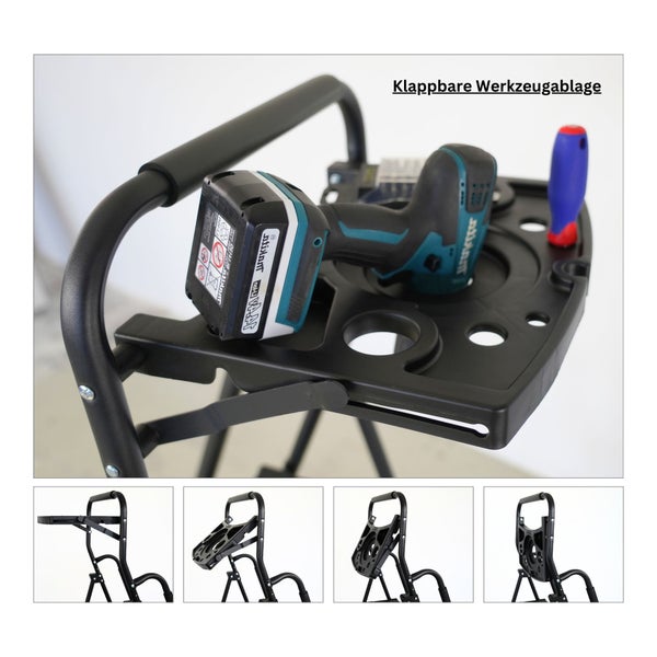 PROREGAL Profi-Trittleiter klappbar mit Handbügel und Werkzeugablage 4 Stufen 160x51x87cm Traglast 150kg Stahl Schwarz Klappleiter Haushaltsleiter