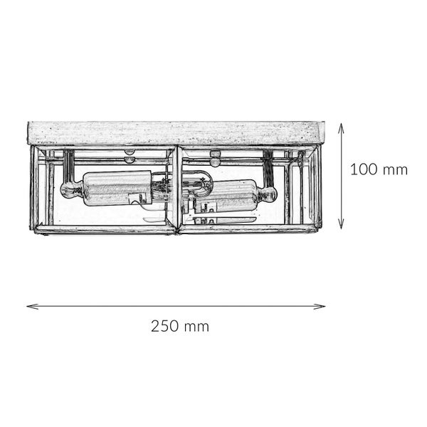 Skizze einer Wandleuchte mit den Maßen 250 mm Breite und 100 mm Höhe.