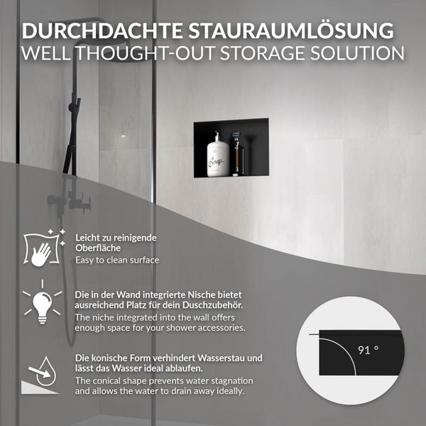 In die Wand integrierte Duschnische mit Seifenspender, pflegeleichter Oberfläche und 91 Grad Neigung für optimalen Wasserablauf.