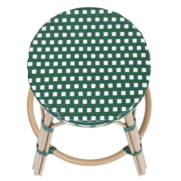 Bistrohocker mit rundem, geflochtenem Sitz in Karomuster und Gestell in Rattan-Optik.