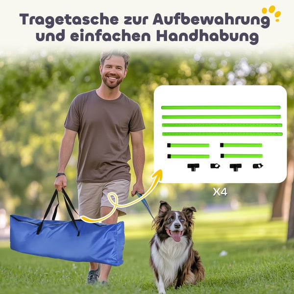 Mann trägt blaue Tragetasche für Hunde-Agility-Set im Park mit einem Hund; Diagramm zeigt enthaltene Stangen und Verbinder in vierfacher Ausführung.
