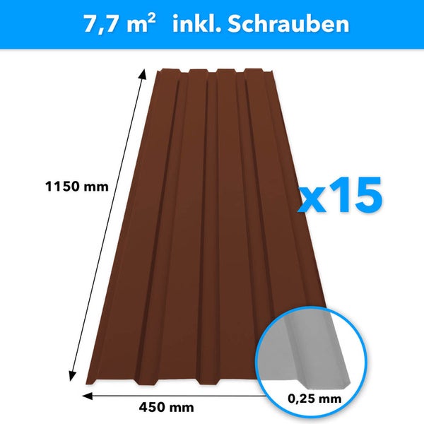 FLOORDIREKT Trapezblech - 115 x 45 cm - Profilblech - Stärke 0.25 mm - 15er-Set - inkl. Schrauben - 7,7 m² - Braun