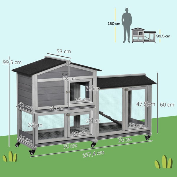 PawHut Kleintierstall mit Rollen Zwergkaninchenstall Freilaufgehege Asphaltdach Kleintierhaus Zwergkaninchenauslauf Doppelstöckiger Tannenholz Stahl Grau 157,4 x 53 x 99,5 cm