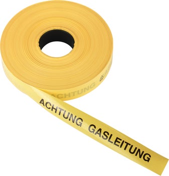 Trassenwarnband für Gasleitungen, gelb mit schwarzer Aufschrift Achtung Gasleitung.