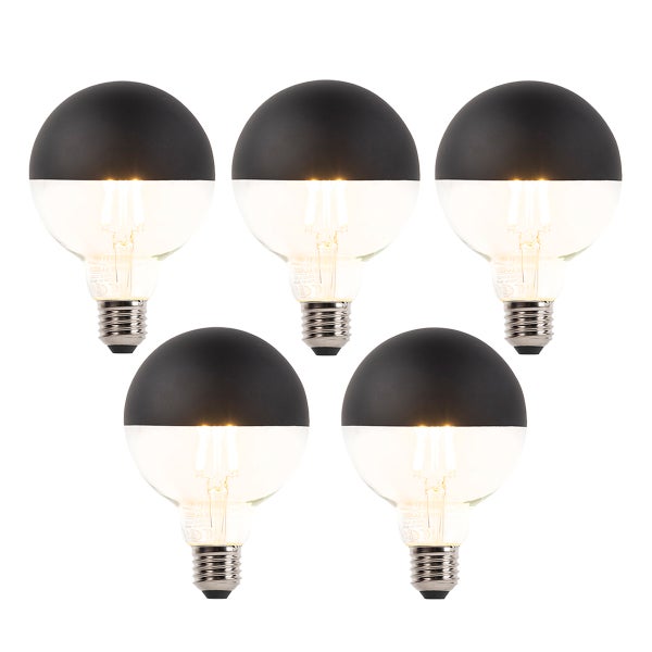 Fünfer-Set LED Globe G80 Leuchtmittel mit E27 Sockel und schwarzem Kopfspiegel, Filament-Technik für blendfreies Licht.