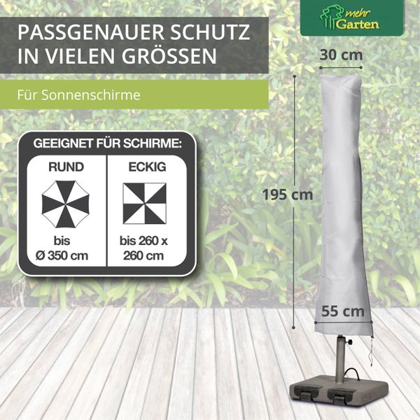 Mehr Garten - Premium PROTECT Sonnenschirm-Abdeckung, 195(H)x30/55(B) cm I Schirm rund bis Ø 350 cm I Gartenmöbel-Schutzhülle wasserdicht, UV-beständig, atmungsaktiv, Gewebe I Taupe/Hellgrau