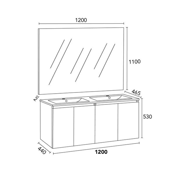 Technische Zeichnung eines Badezimmermöbel-Sets mit Waschtischunterschrank, zwei Waschbecken und Spiegel mit Maßangaben.