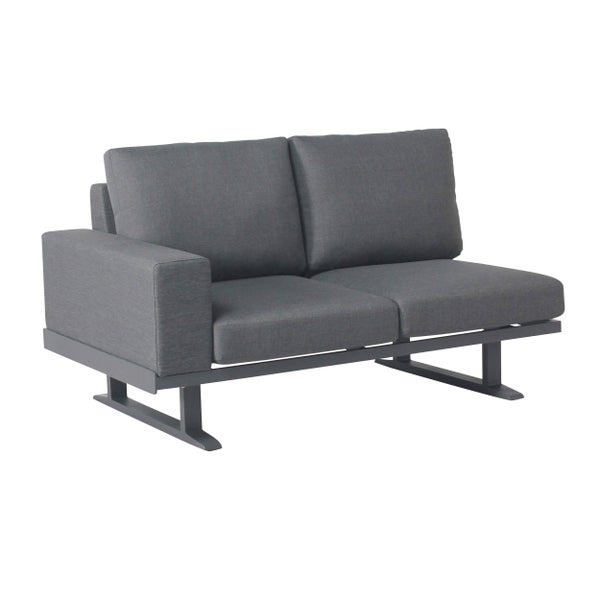 Lounge-Sofa 2-Sitzer mit Armlehne links, Aluminiumgestell und anthrazitfarbenen Polstern.