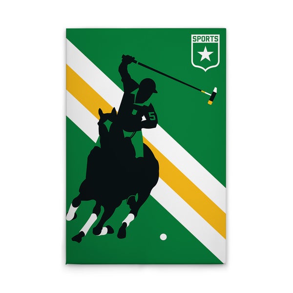 Illustration eines Polospielers auf einem Pferd mit Schläger vor einem grünen Hintergrund mit Streifen