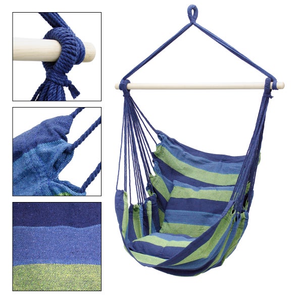 ECD Germany Hängesessel Blau/Grün mit Gestell Weiß 208 cm, Hängestuhl Hängeschaukel aus Baumwolle mit 2 Kissen bis 120 kg, Freistehendes Hängesesselgestell Metall Hängestuhlgestell Hängesitz Ständer