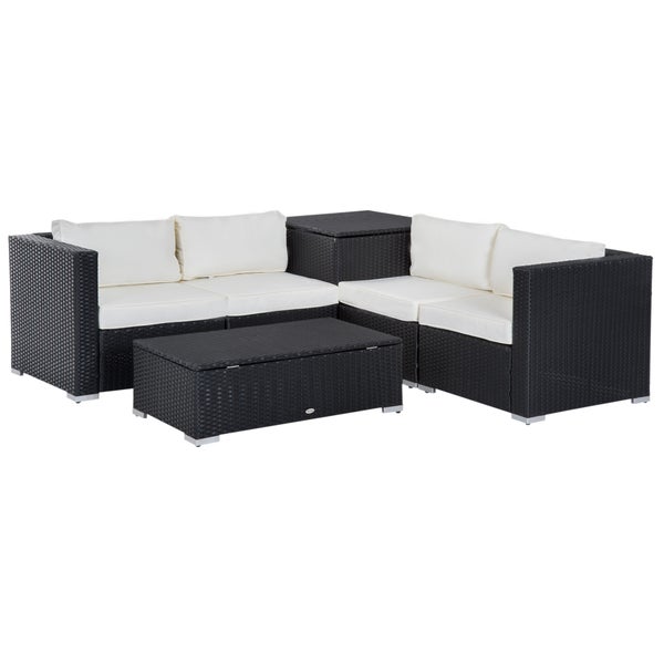 Outsunny 6 tlg. Polyrattan Gartenmöbel Set Sitzgarnitur mit Kissen Sitzgruppe Gartenset Sofagarnitur Lounge Tisch mit Stauraum Stahl Luxus Schwarz+Creme