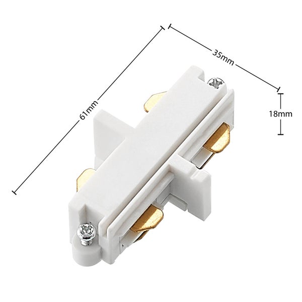 Weißer Stromschienenverbinder, Mittelverbinder aus Kunststoff, Maße 61 Millimeter mal 35 Millimeter mal 18 Millimeter.