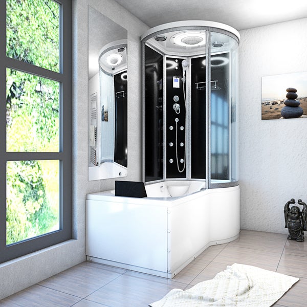 Moderne Dampfduschkabine mit Badewanne, Regendusche, Handbrause, Massagedüsen und integrierter Beleuchtung in einem hellen, geräumigen Badezimmer.