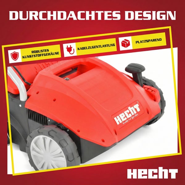 Hecht Vertikutierer mit robustem Kunststoffgehäuse, Kabelzugentlastung und platzsparendem Design